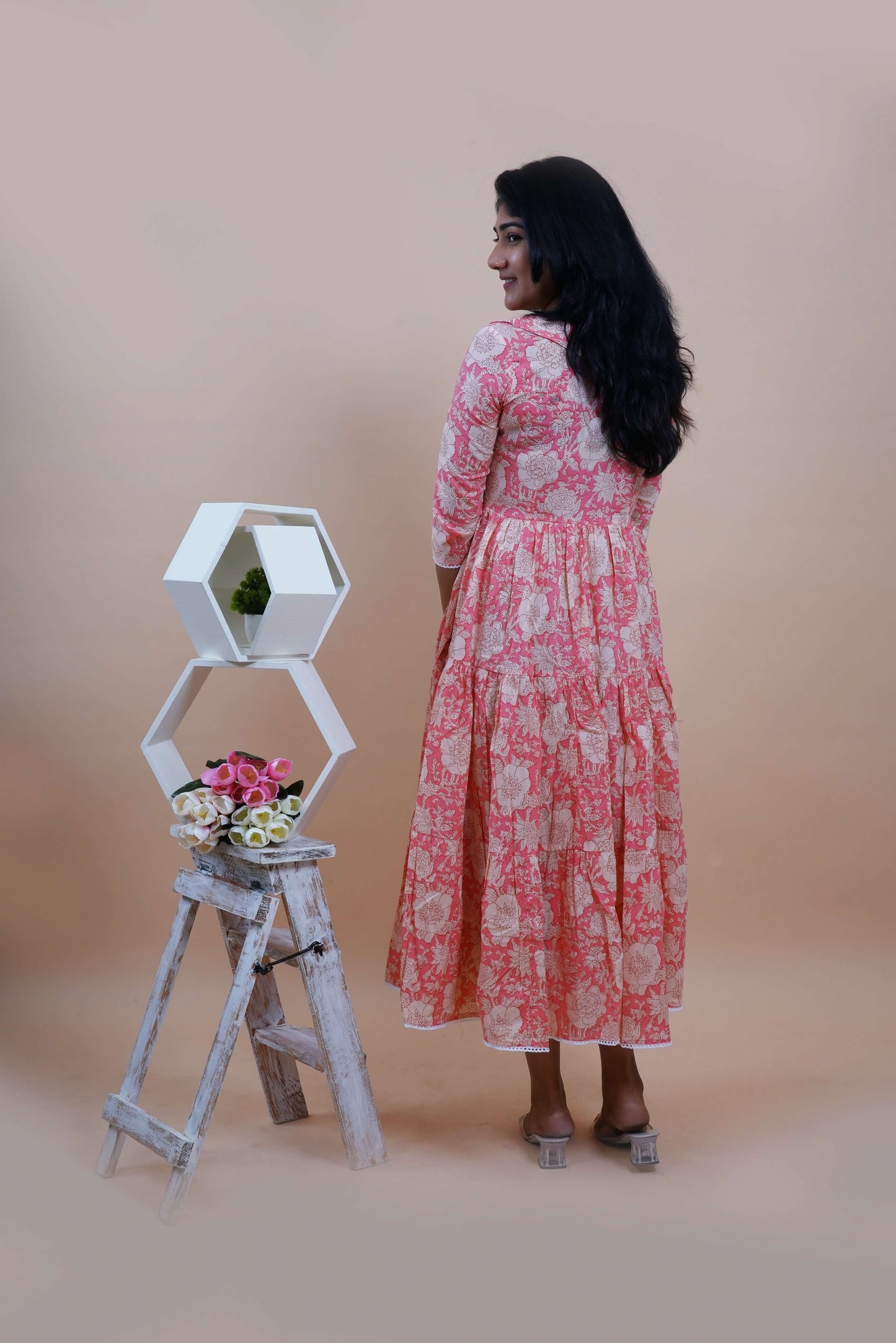Peach Floral Printed Peter Pan Collar Tiered Fit & Flare Maxi Dress