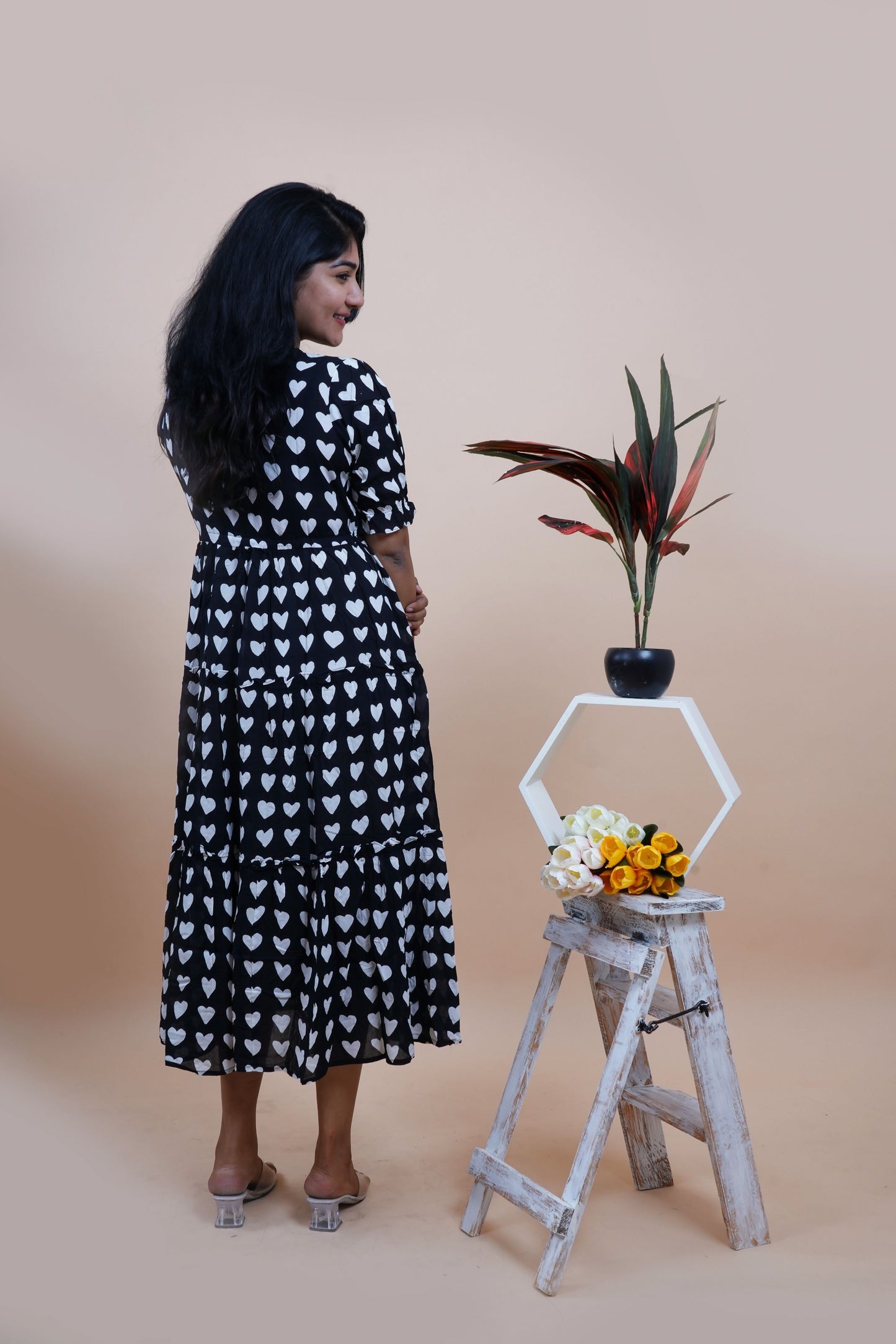 Black Hearts Polka Dots Printed Cotton Empire Midi Dress