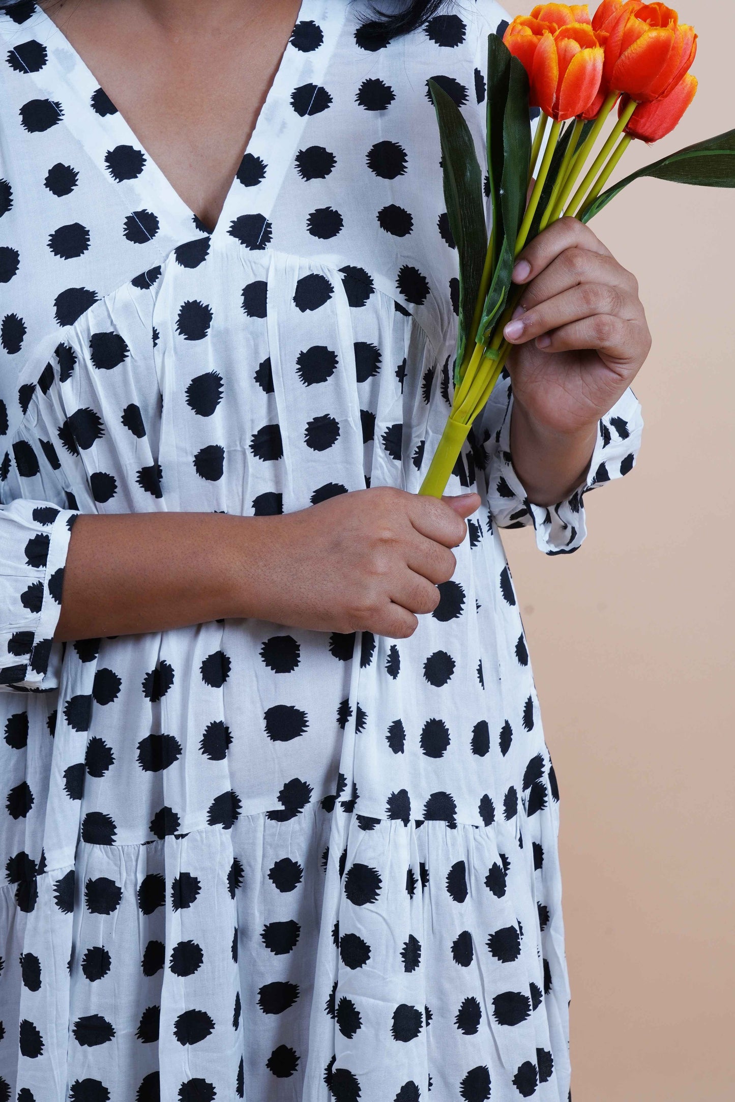 Black Polka Dots Printed V-Neck Tiered Cotton Maxi Dress