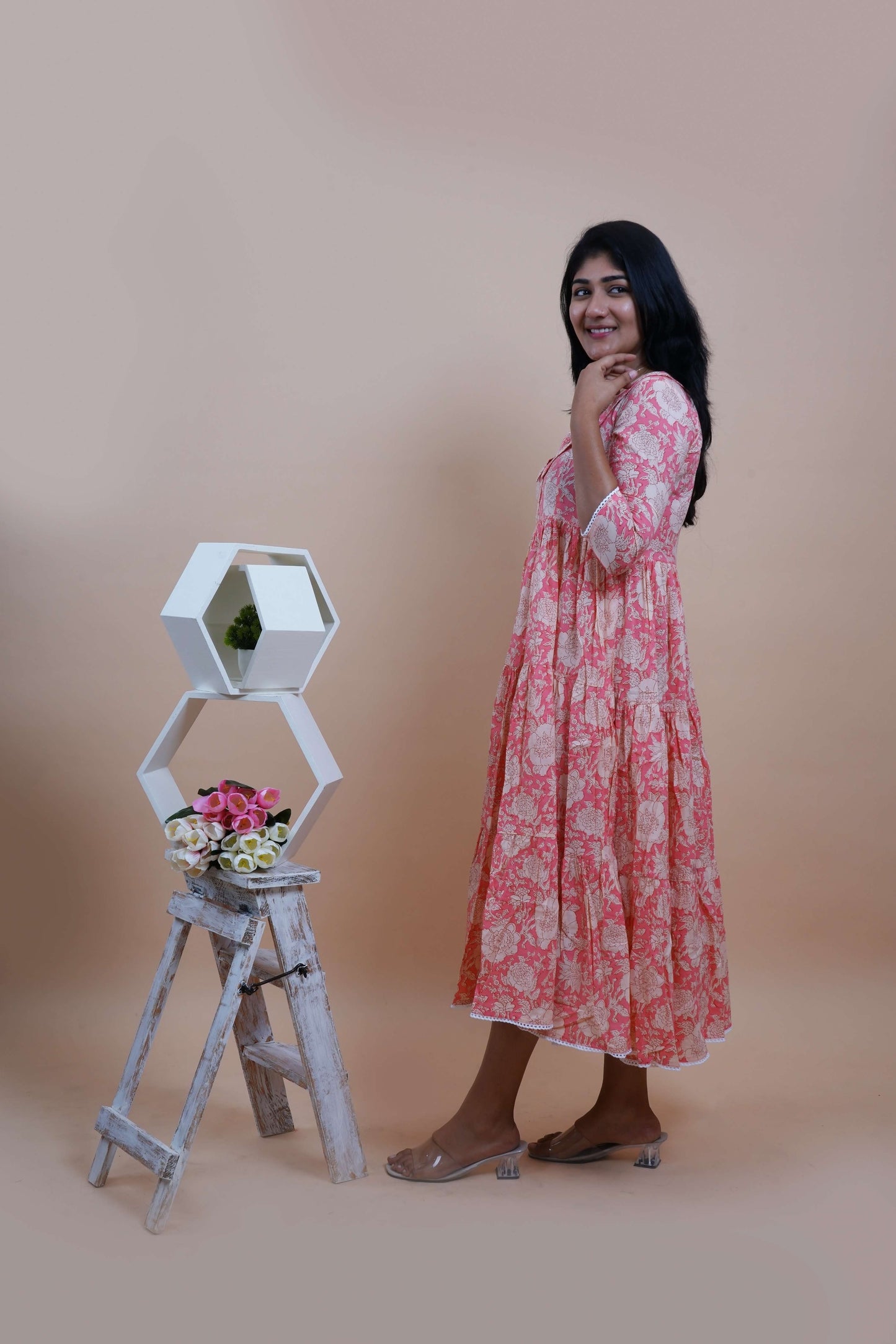 Peach Floral Printed Peter Pan Collar Tiered Fit & Flare Maxi Dress