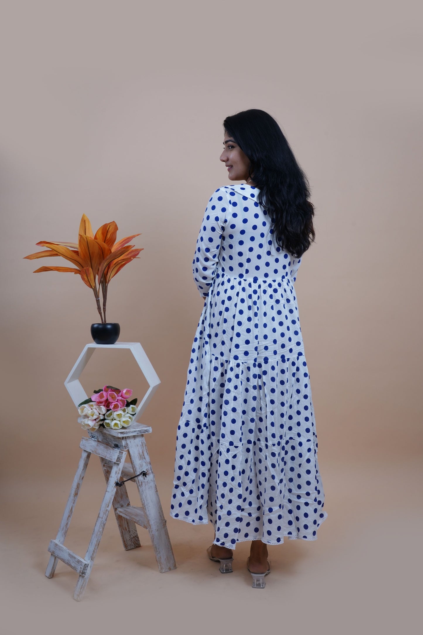 Blue Polka Printed Peter Pan Collar Tiered Fit & Flare Maxi Dress
