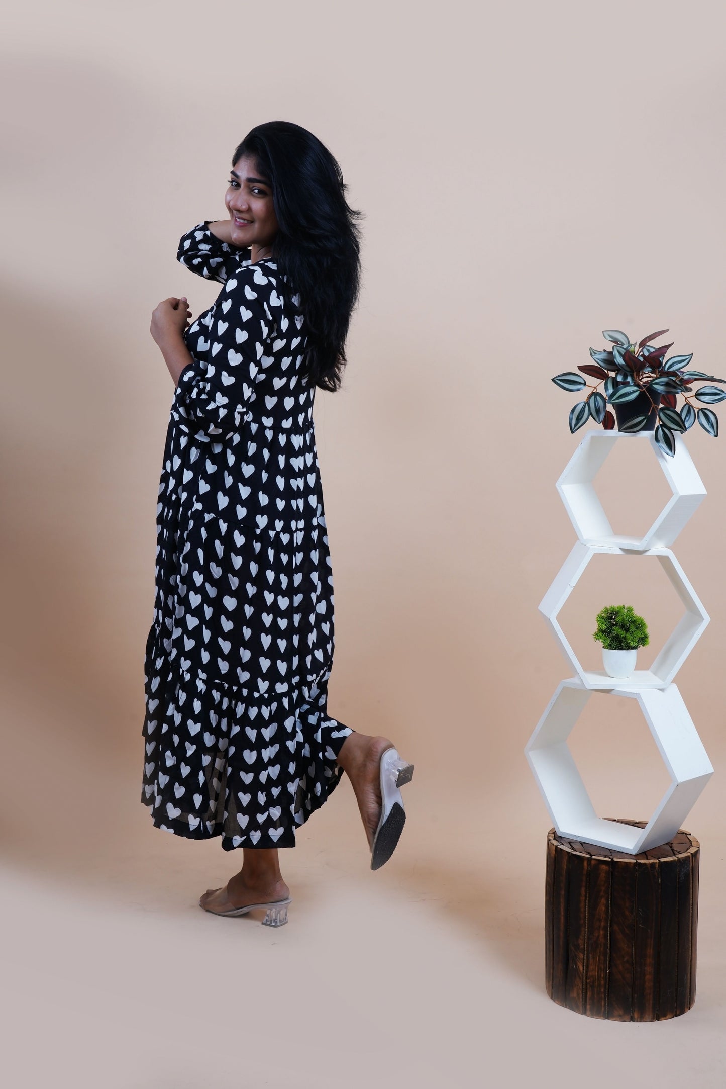 Black Hearts Polka Dots Printed V-Neck Tiered Cotton Maxi Dress