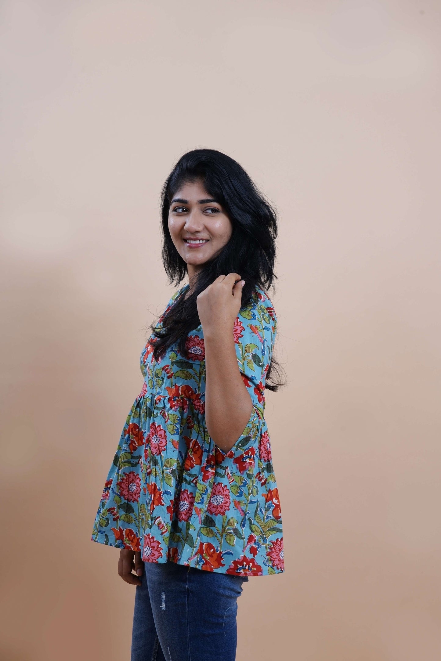 Blue Floral Printed Keyhole Neck Empire Top