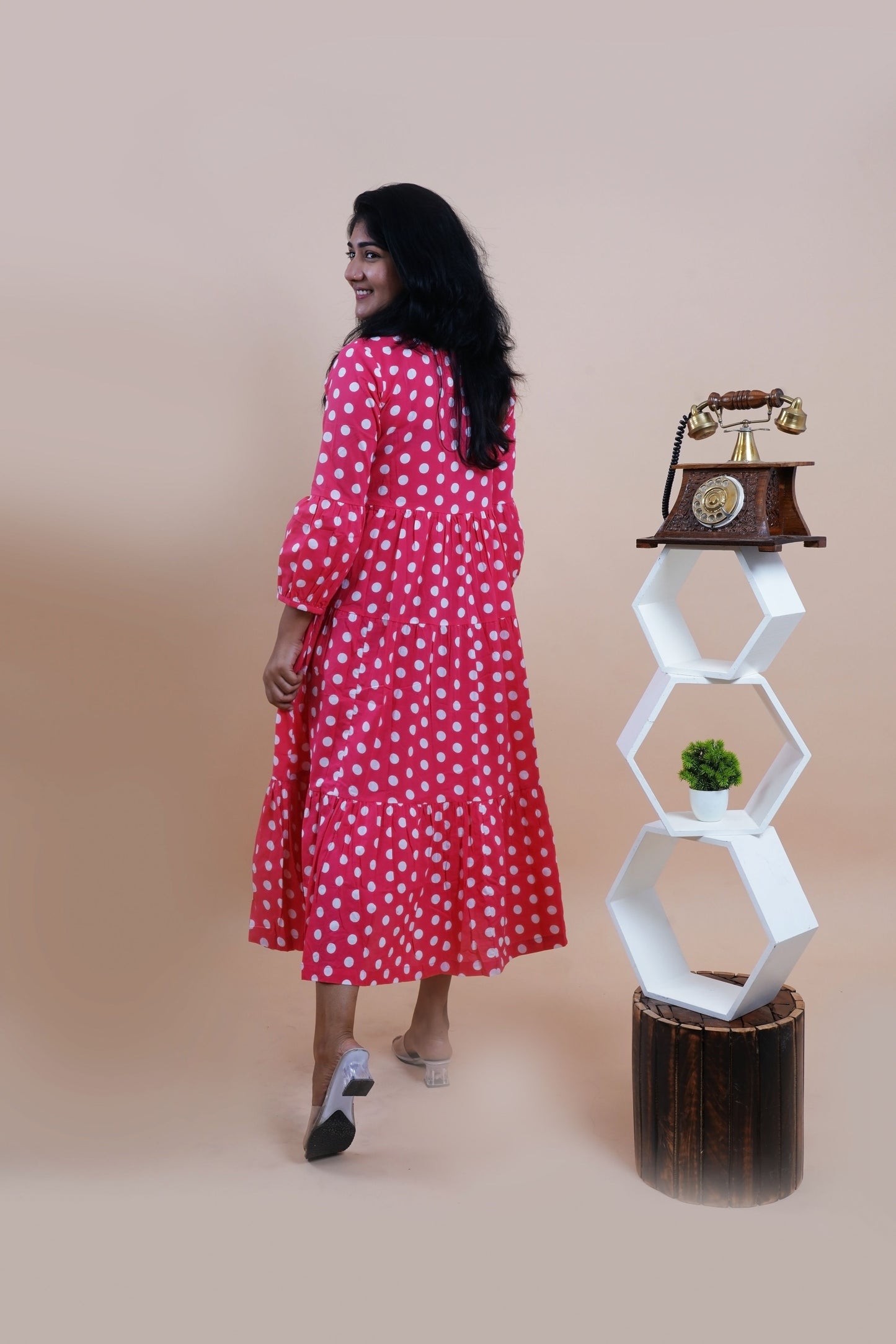 Pink Polka Dots Printed V-Neck Tiered Cotton Maxi Dress