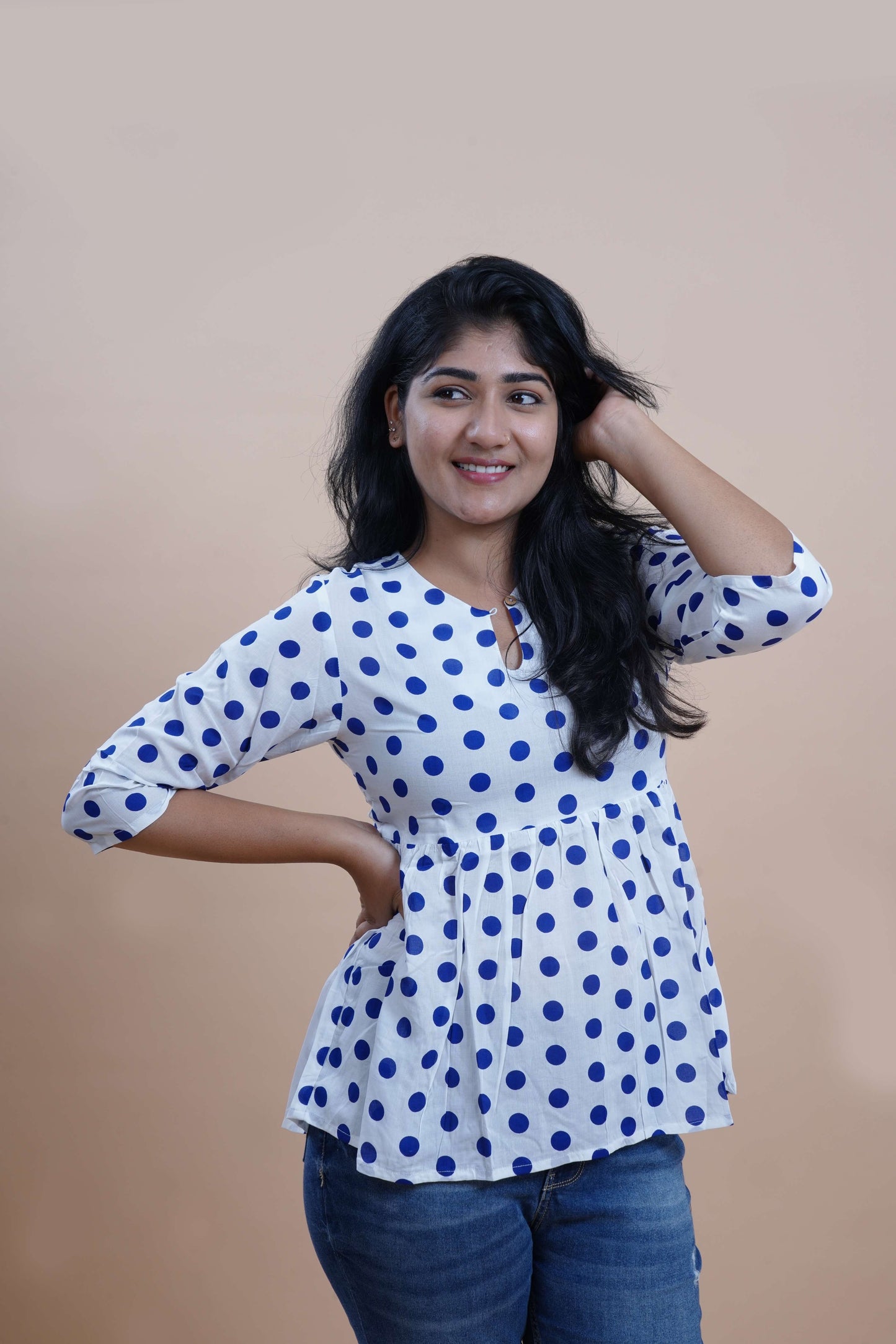 Blue Polka Printed Keyhole Neck Empire Top