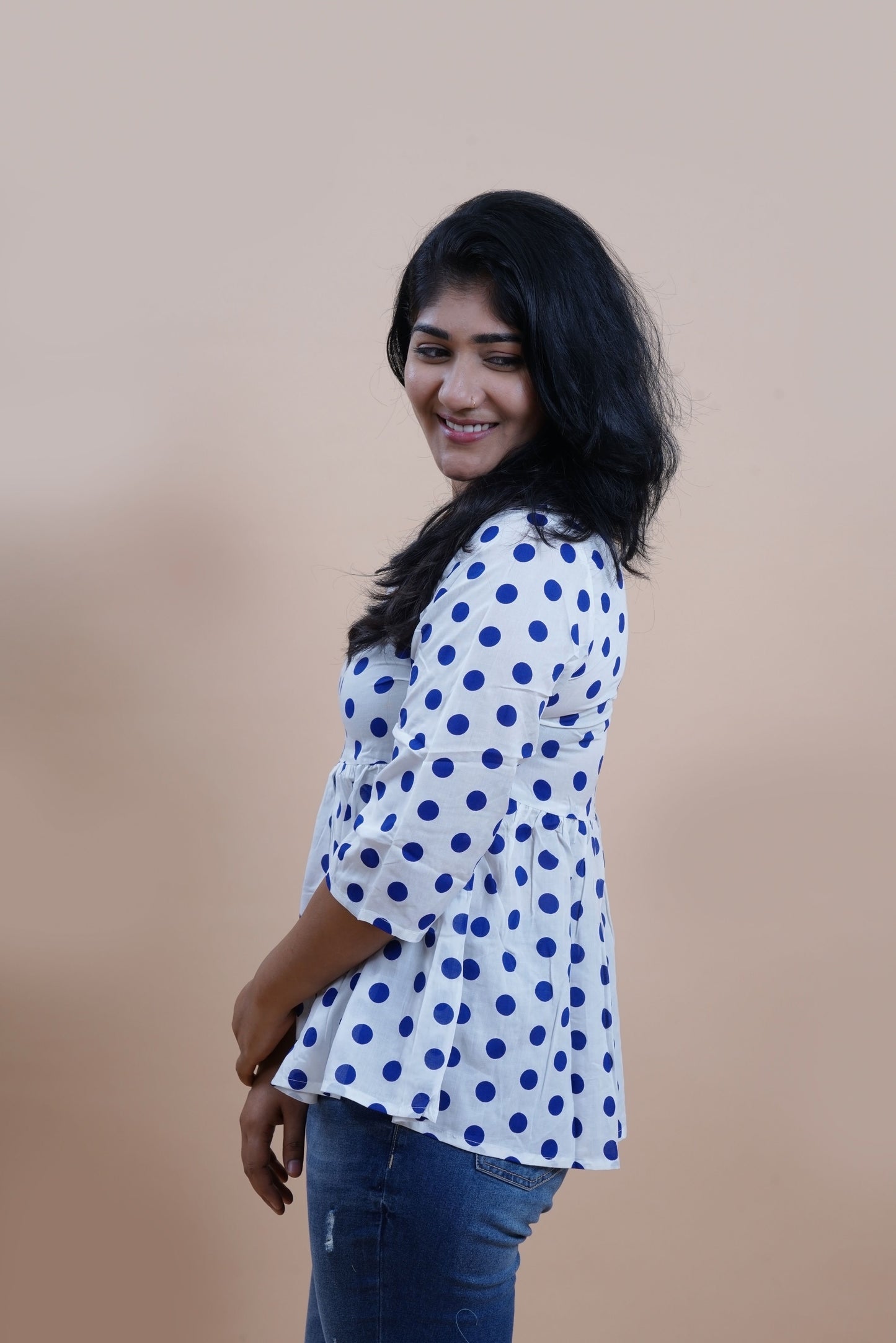 Blue Polka Printed Keyhole Neck Empire Top