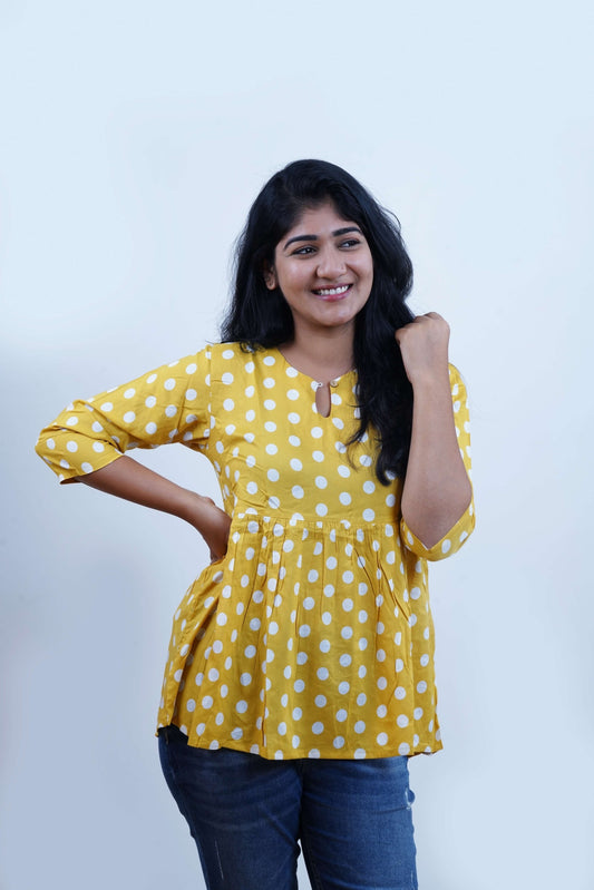 Yellow Polka Printed Keyhole Neck Empire Top