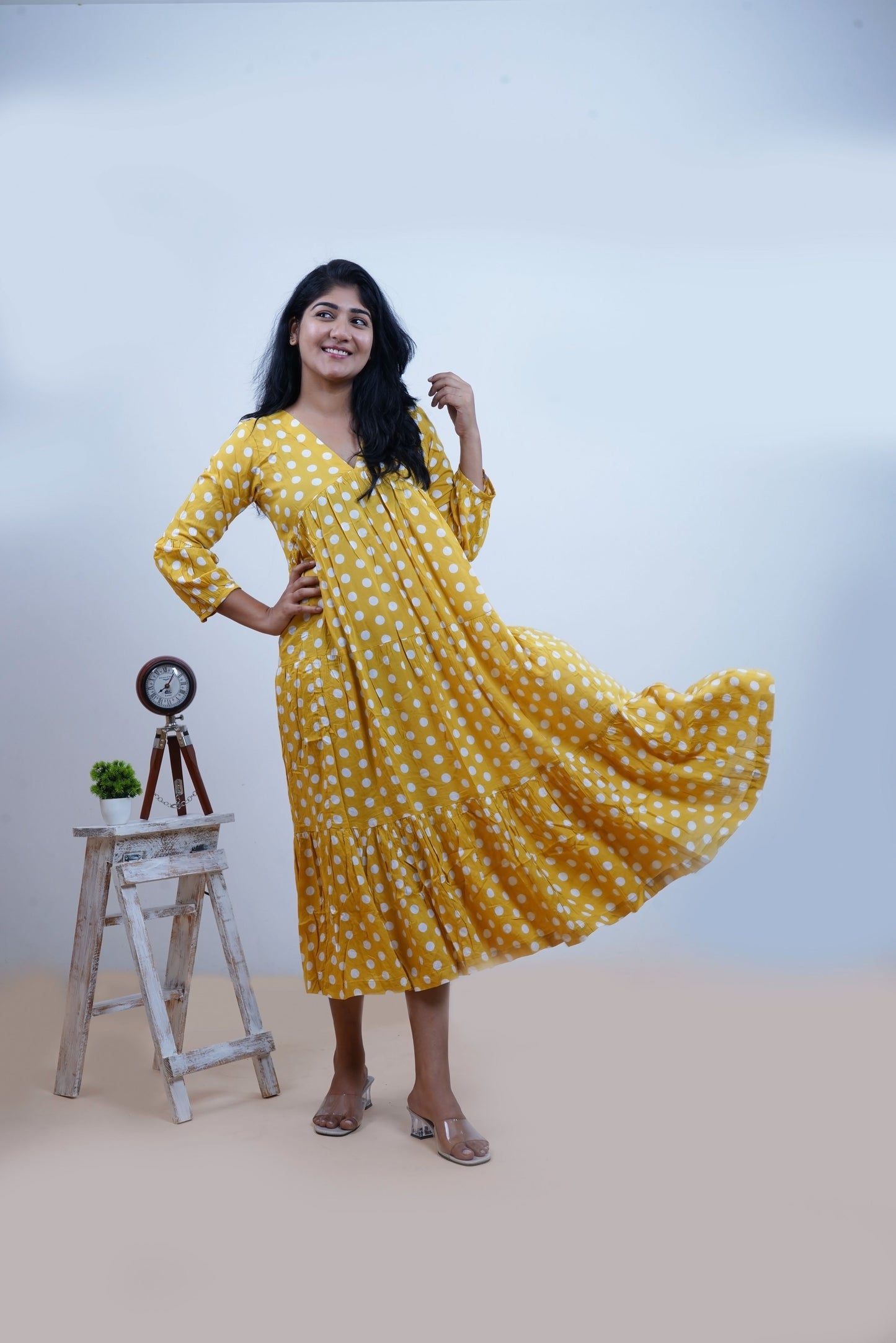 Yellow Polka Dots Printed  V-Neck Tiered Cotton Maxi Dress