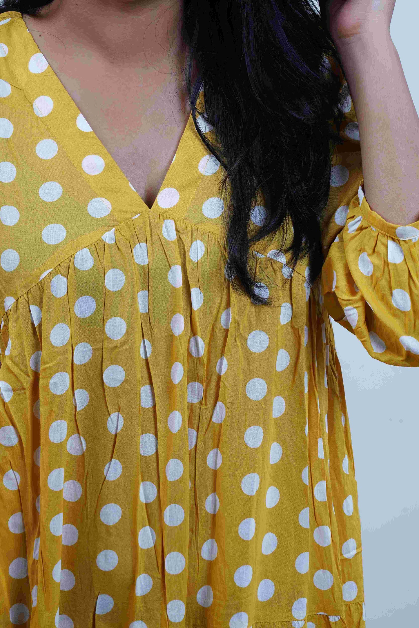 Yellow Polka Dots Printed  V-Neck Tiered Cotton Maxi Dress