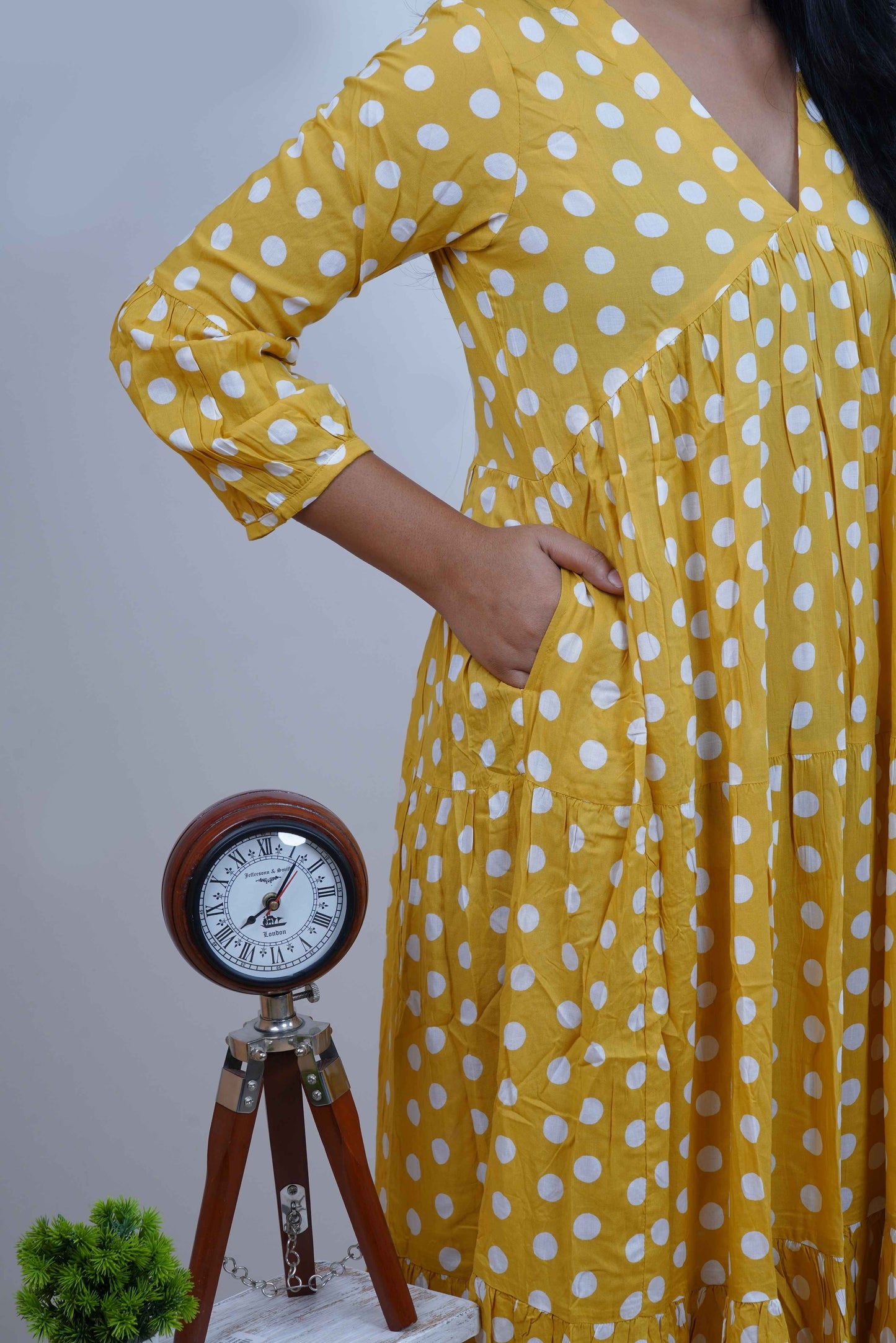 Yellow Polka Dots Printed  V-Neck Tiered Cotton Maxi Dress