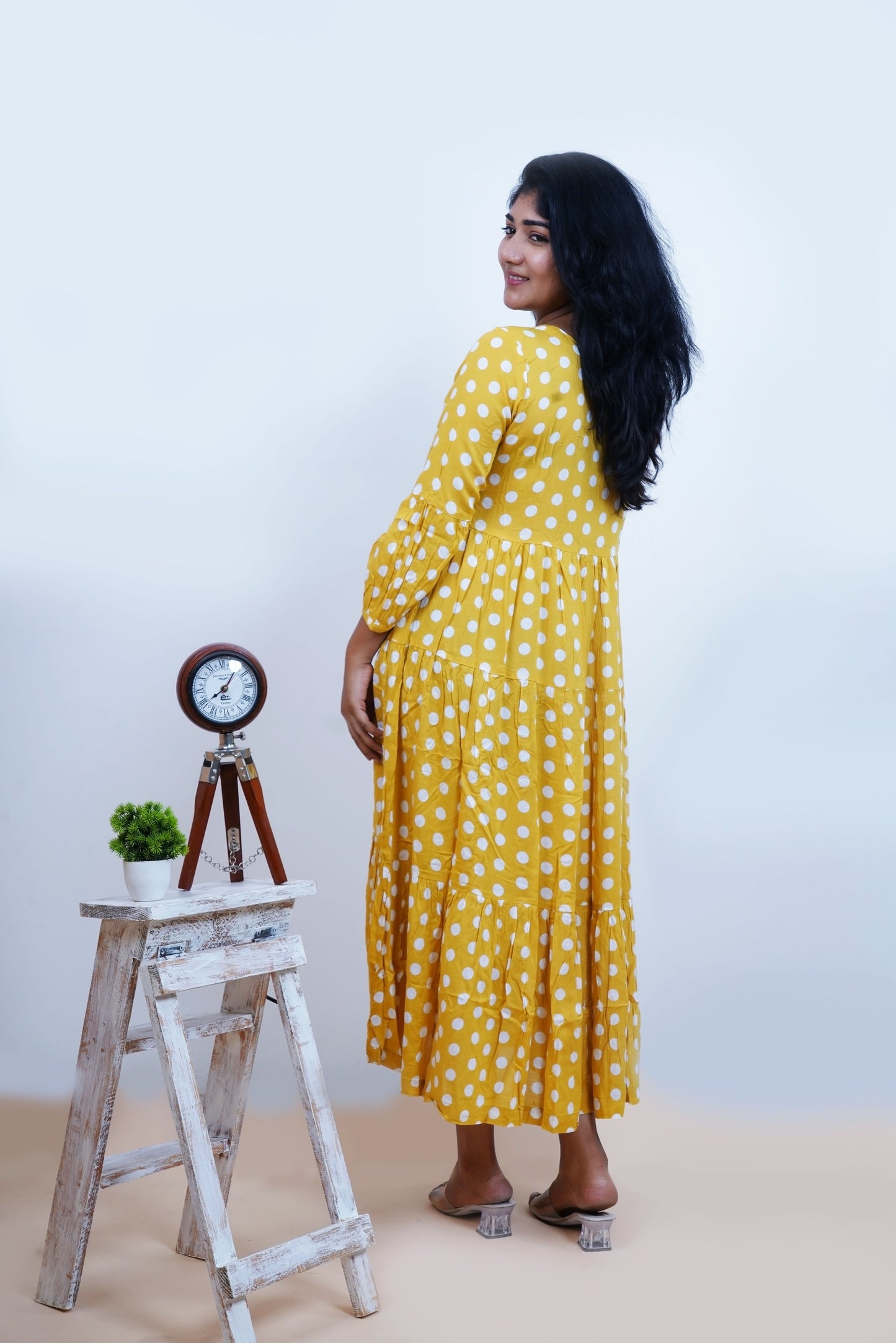 Yellow Polka Dots Printed  V-Neck Tiered Cotton Maxi Dress