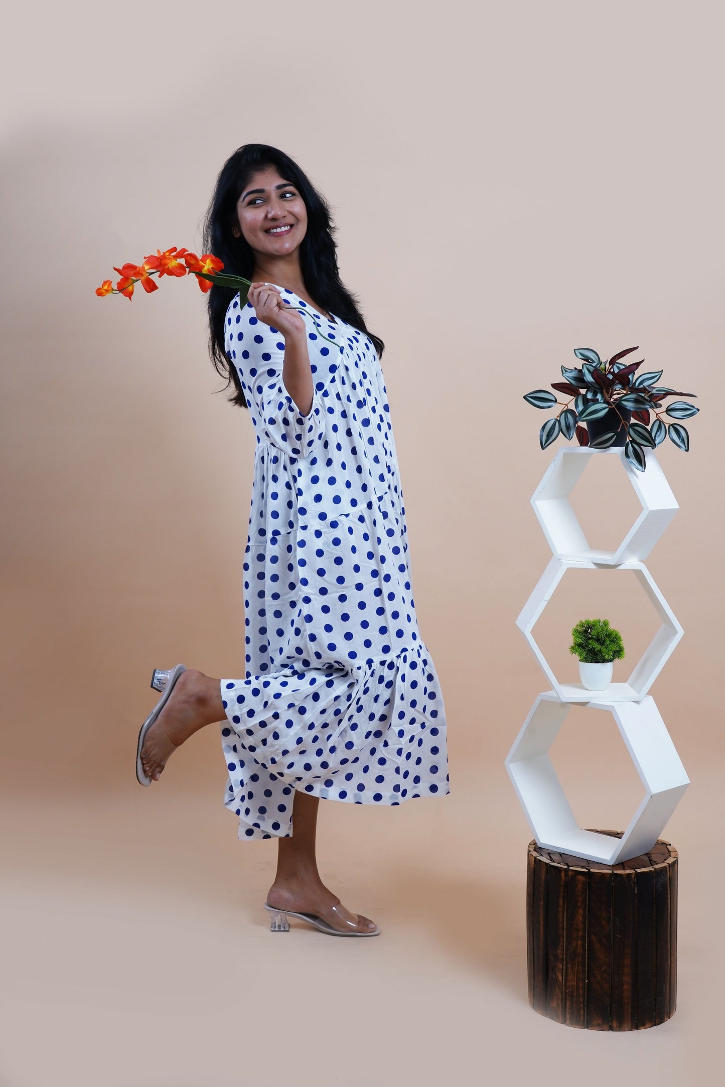 Blue Polka Dots Printed V-Neck Tiered Cotton Maxi Dress