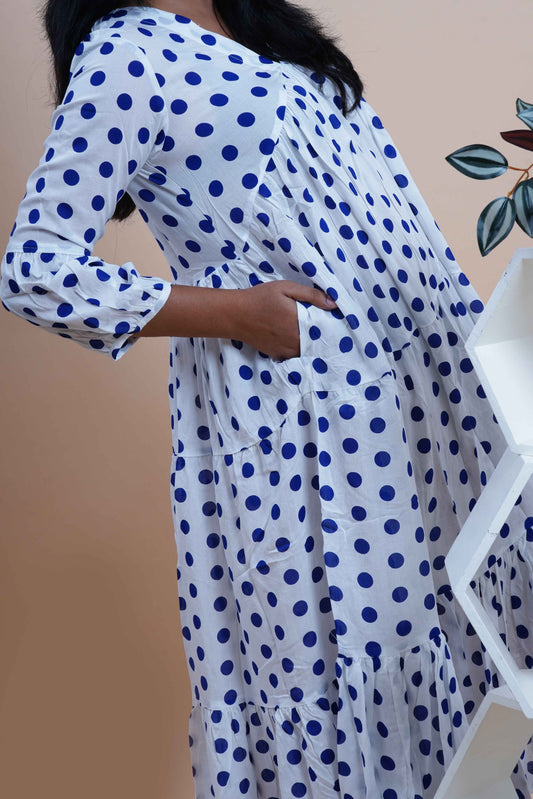 Blue Polka Dots Printed  V-Neck Tiered Cotton Maxi Dress