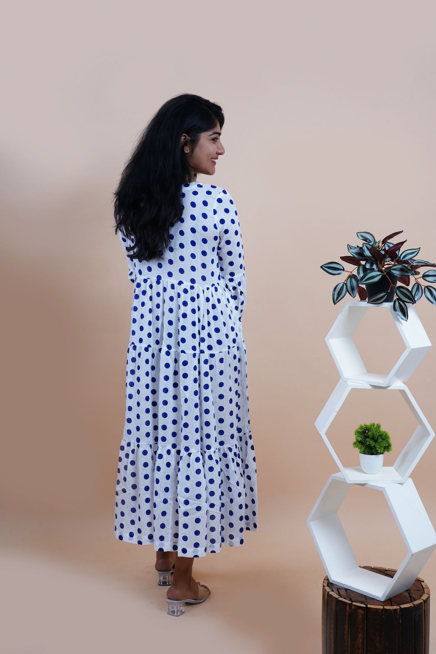 Blue Polka Dots Printed V-Neck Tiered Cotton Maxi Dress