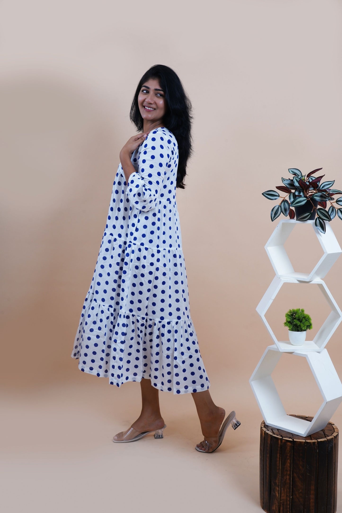 Blue Polka Dots Printed V-Neck Tiered Cotton Maxi Dress