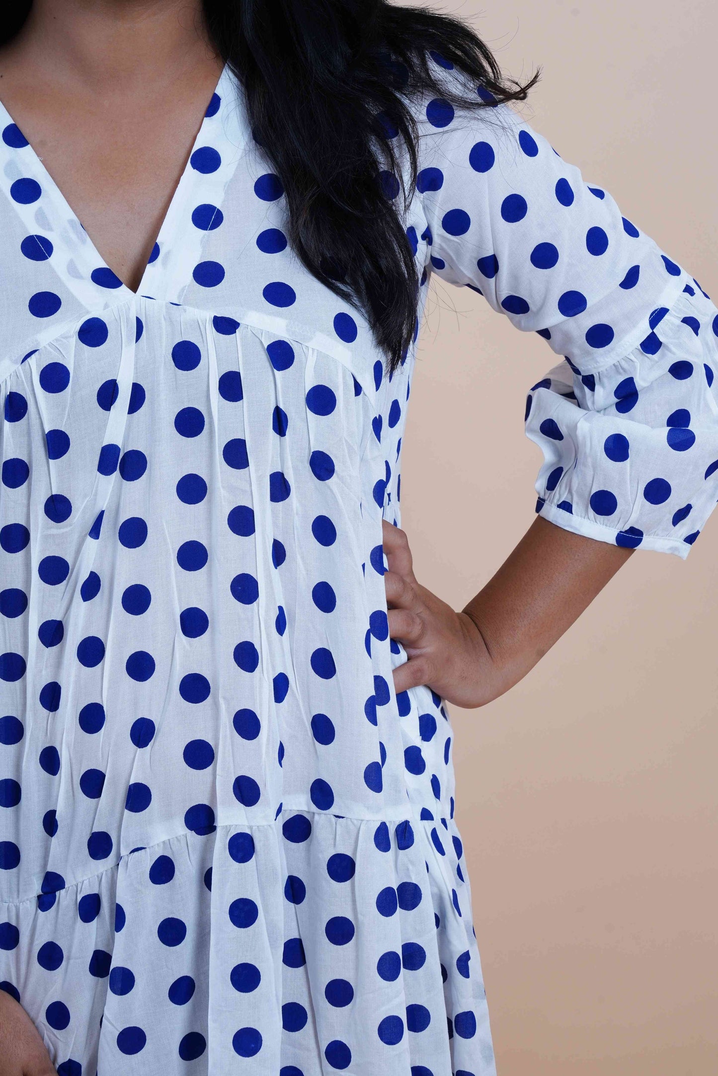 Blue Polka Dots Printed V-Neck Tiered Cotton Maxi Dress