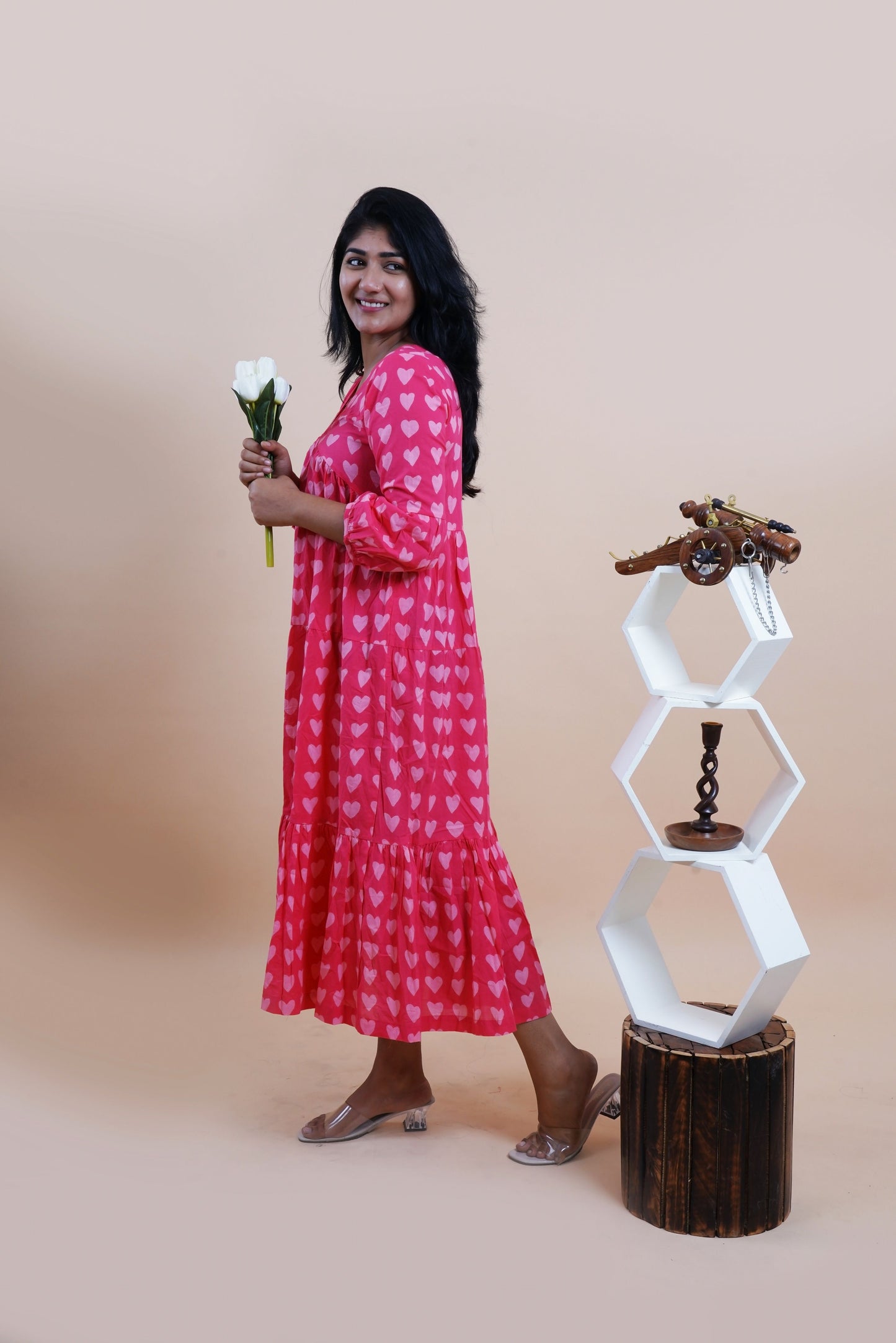 Pink Hearts Polka Dots Printed V-Neck Tiered Cotton Maxi Dress