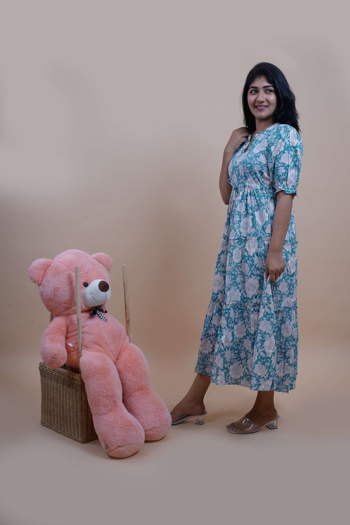 Teal Floral Printed Cotton Empire Midi Dress