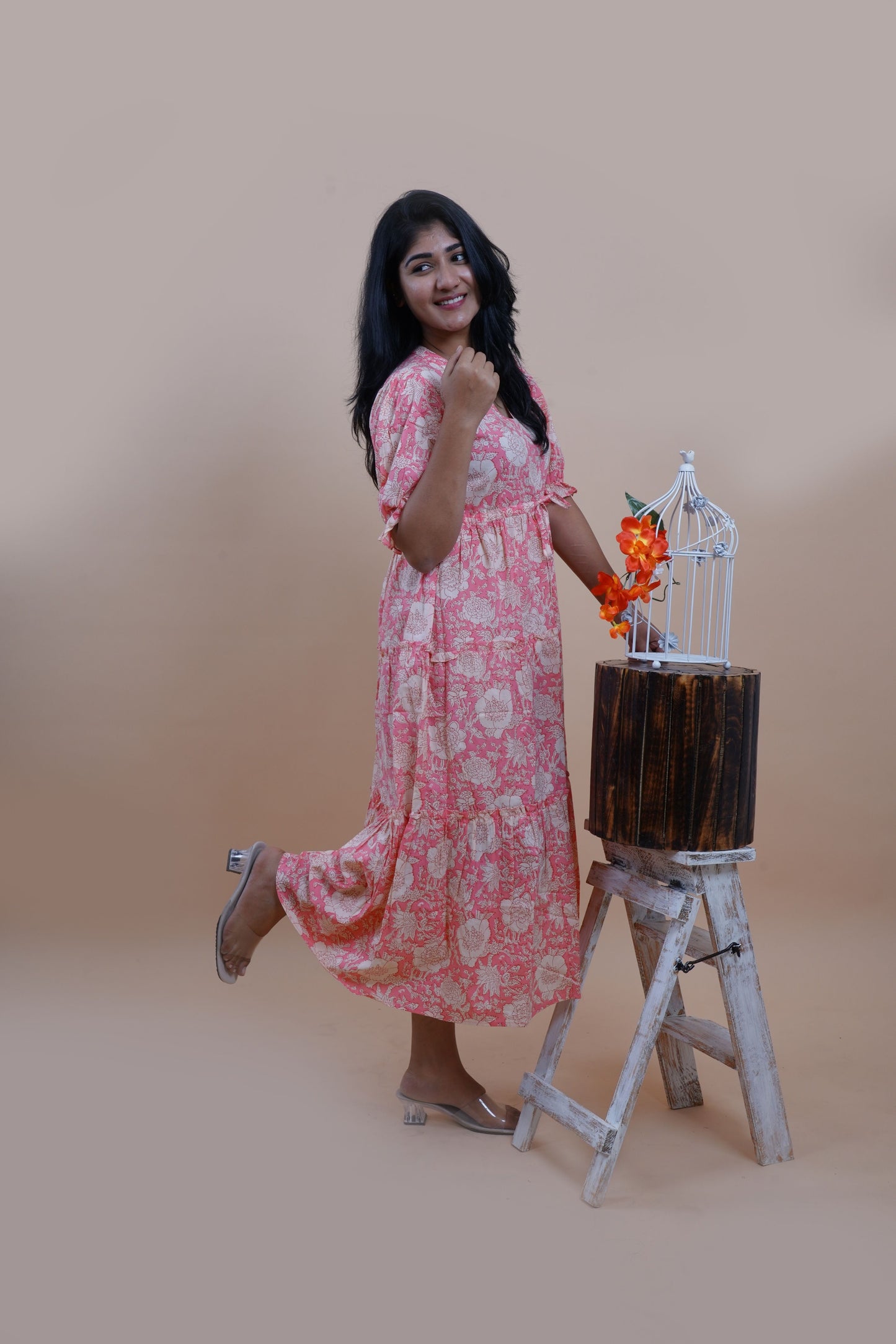 Peach Floral Printed Cotton Empire Midi Dress