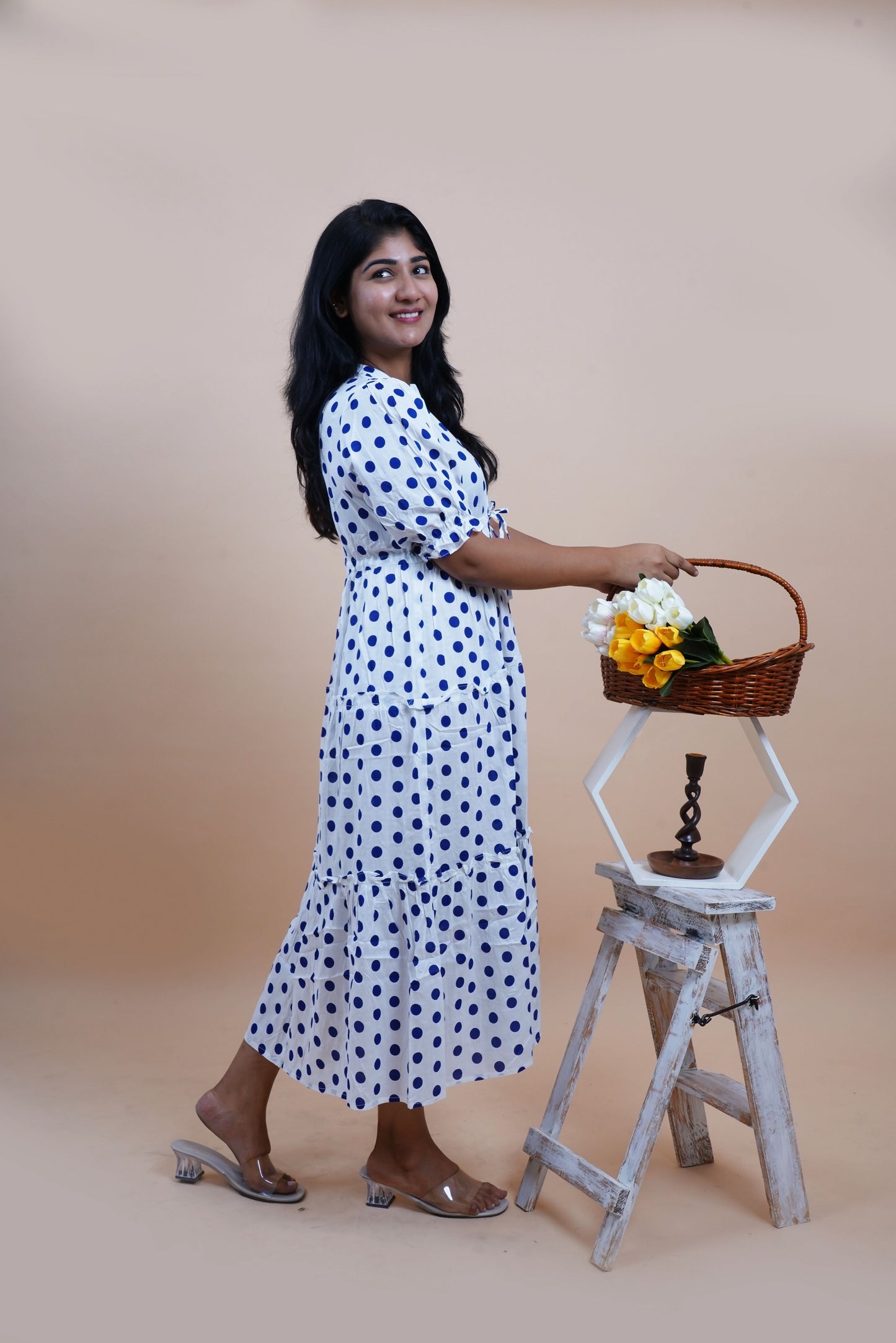 Blue Polka Dots Printed Cotton Empire Midi Dress