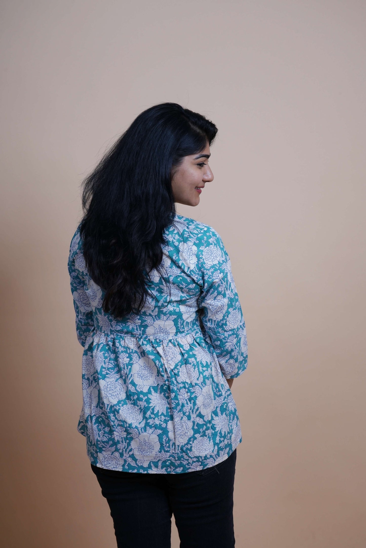 Teal Floral Printed Pure Cotton Keyhole Neck Empire Top