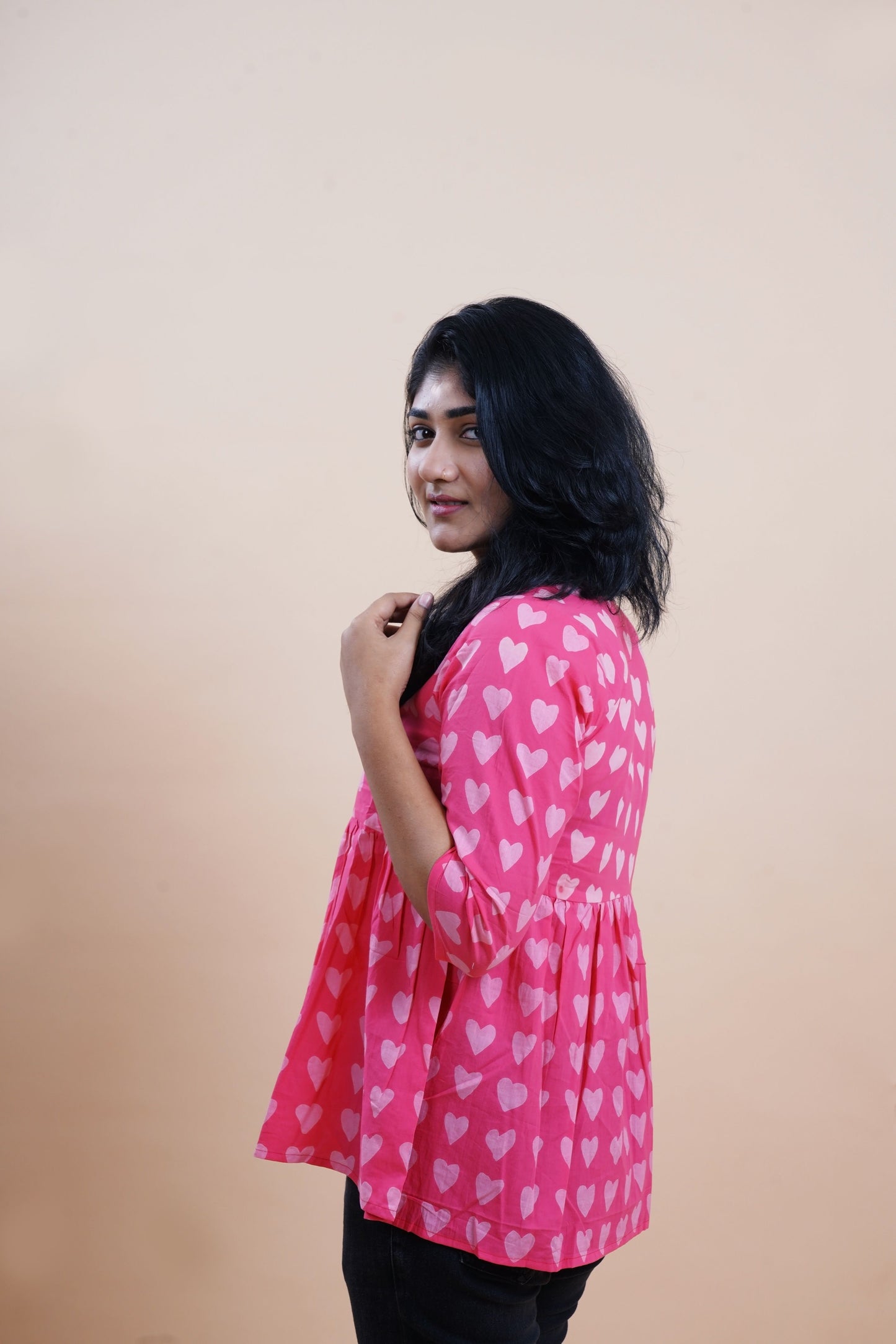 Pink Hearts Printed Keyhole Neck Empire Top