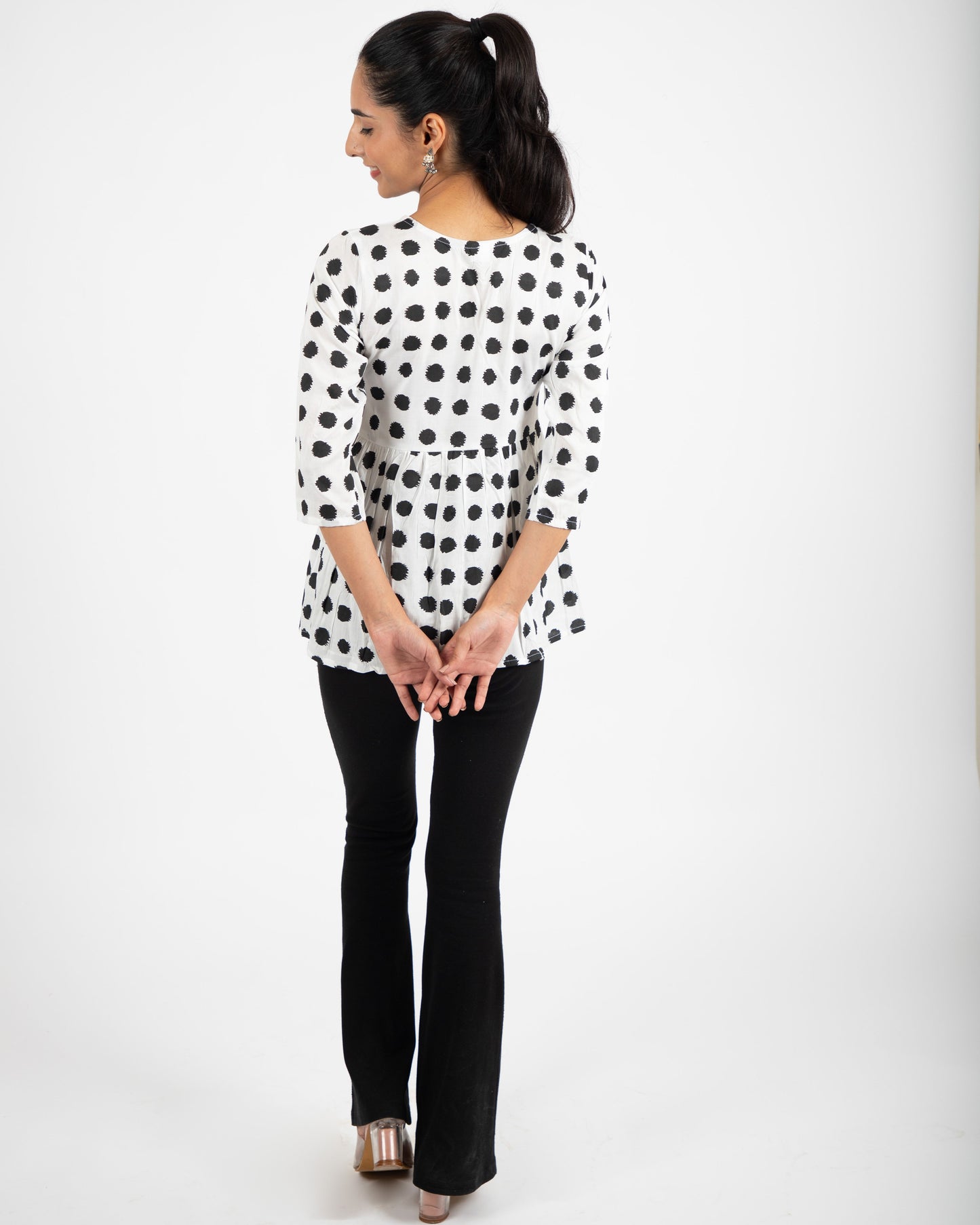 Black Polka Printed Keyhole Neck Empire Top