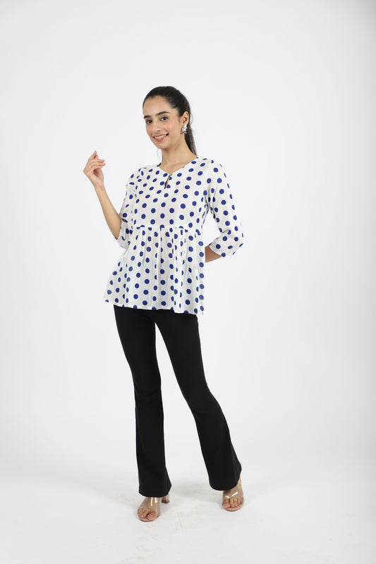 Blue Polka Printed Keyhole Neck Empire Top