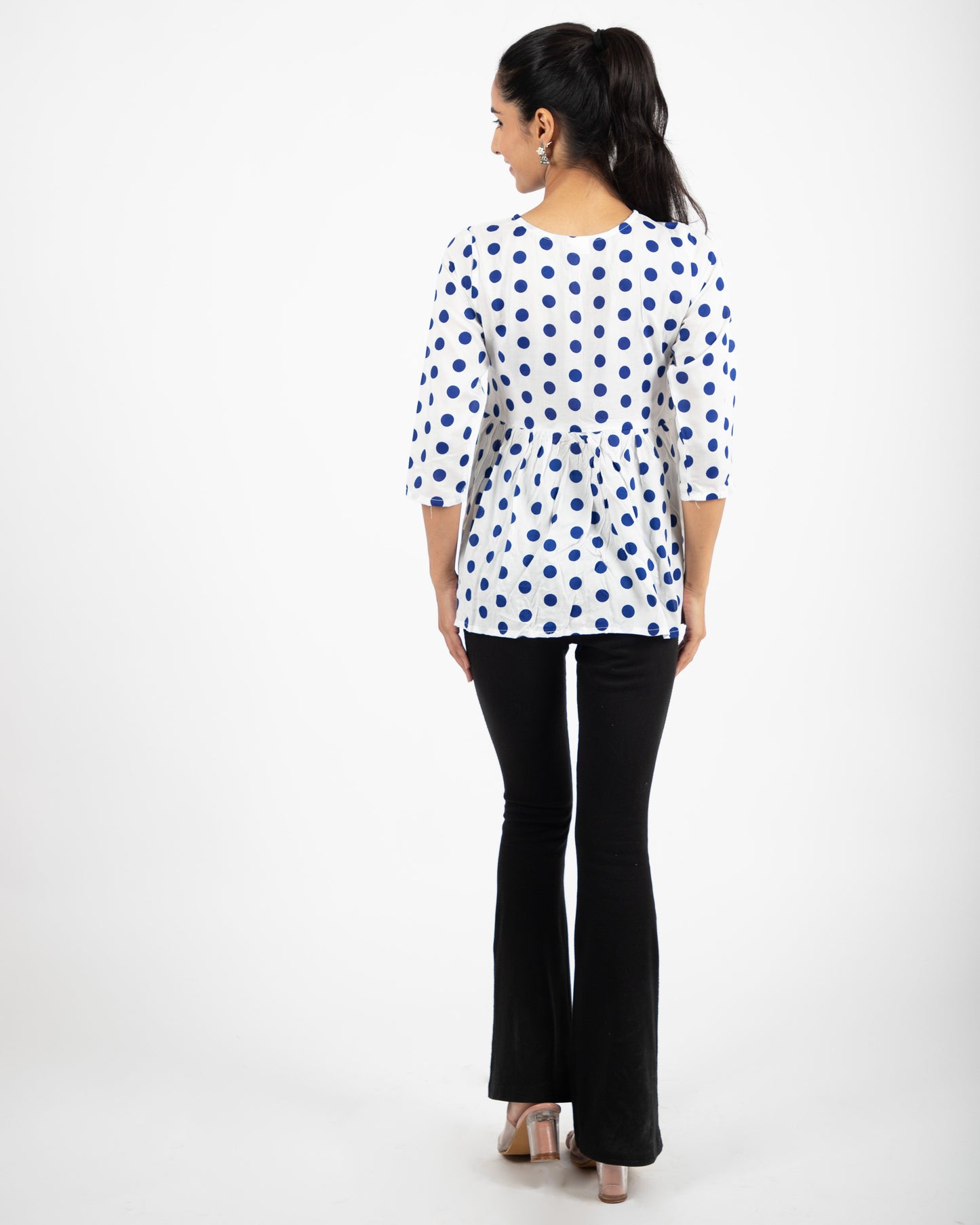 Blue Polka Printed Keyhole Neck Empire Top